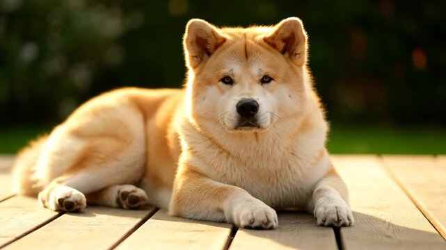 Adorable Akita dog relaxing outdoors on a sunny day