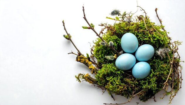 Natural Bird Nest Made of Green Moss and Twigs Holding Four Blue Eggs on a White Background with Ample Copy Space for Spring and Easter Themes.