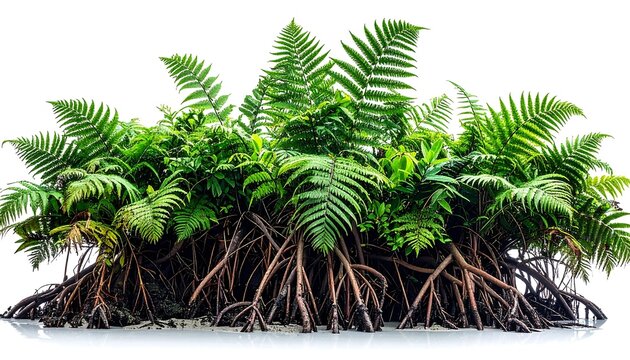 Lush Green Fern Plant with Exposed Brown Roots Isolated on a Clean White Background for Botanical Studies, Jungle Ecology Concepts, and Nature Photography Projects.