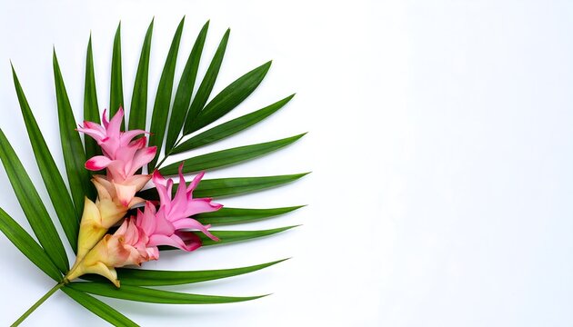 Tropical Green Palm Leaf with Pink Lilies and Yellow Leaves on White Background, Featuring Wide Copy Space for Elegant Floral Designs and Botanical Summer Concepts.