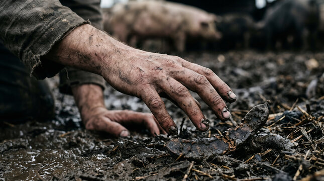 The Parable of the Prodigal Son. The starving, ruined son sitting in a filthy mud pit, longing to eat the husks meant for the pigs