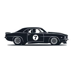 Fototapeta premium Classic racing car silhouette with number seven on door in black with outline vintage racing retro