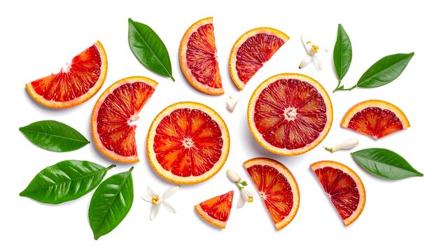 Vibrant Flat Lay of Fresh Red Grapefruit Slices with Green Leaves and White Blossoms on a Clean White Background for Refreshing Citrus and Healthy Diet Concepts.