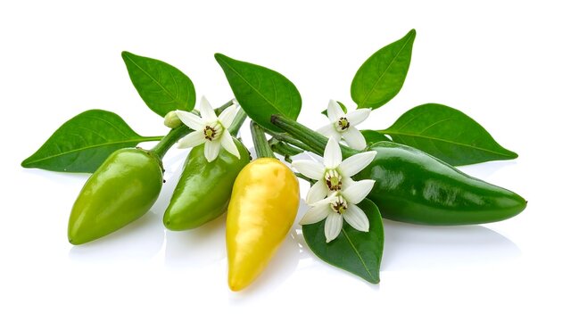 Fresh Green and Yellow Chili Peppers with White Flowers and Leaves Isolated on a White Background for Spicy Ingredient Photography and Botanical Culinary Concepts.