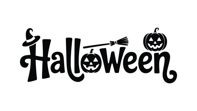 Black and white halloween text design with a witch hat broomstick and two carved pumpkin faces on a plain white background