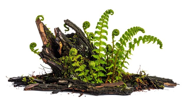 Lush Green Moss and Fern Fiddleheads Growing on Dark Weathered Tree Bark Isolated on a White Background for Nature, Forest Ecology, and Botanical Terrarium Concepts.