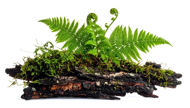 Lush Green Moss and Fern Fiddleheads Growing on Dark Weathered Tree Bark Isolated on a White Background for Nature, Forest Ecology, and Botanical Terrarium Concepts.