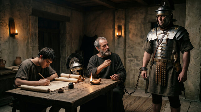 Paul under house arrest in Rome, his wrist chained to a heavily armored Praetorian guard, dictating a letter