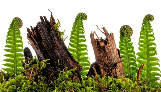 Fresh Green Fern Fronds Unfurling on Dark Weathered Wood Stumps with Moss on a Clean White Background for Forest Ecology and Botanical Nature Concepts.