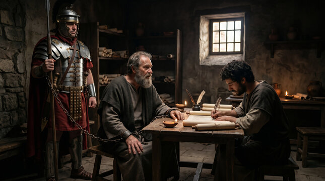 Paul under house arrest in Rome, his wrist chained to a heavily armored Praetorian guard, dictating a letter