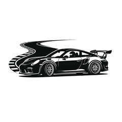 Naklejka premium High performance sports car racing on a winding road in black with navigating curved road racingcar