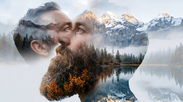Double exposure portrait of bearded man combined with majestic snowy mountain landscape reflection on calm lake water peaceful morning atmosphere