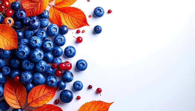 Vibrant Autumn Composition Featuring Fresh Blueberries and Red Currants with Colorful Orange Leaves and Ample Copy Space on a Clean White Background for Seasonal Designs.