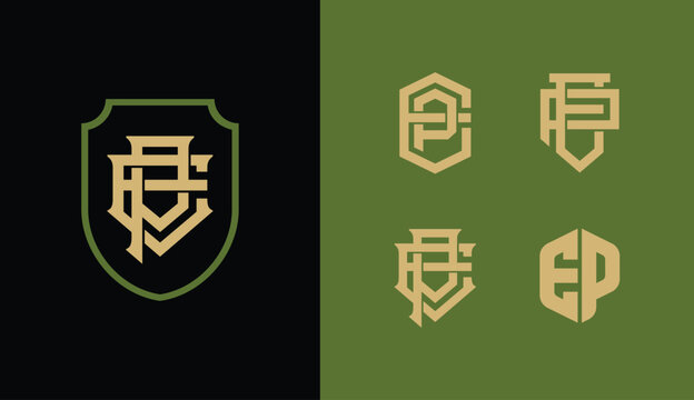 Collection of vintage monogram logos featuring letters  EP or PE in shield and geometric shapes