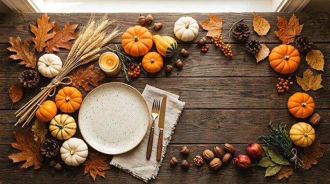 Autumn harvest table with pumpkins and wheat