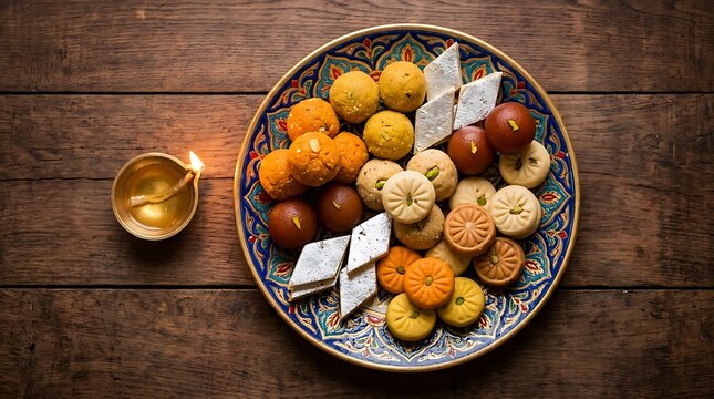 Traditional indian sweets on decorative plate with diya
