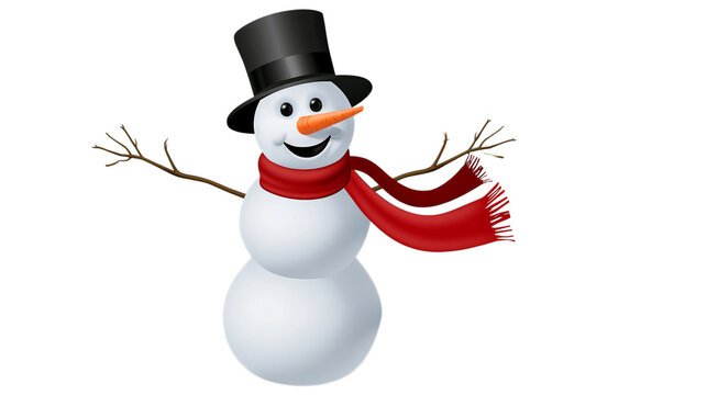 Cheerful snowman wearing a tall black top hat and long red scarf posing for festive winter holidays on transparent background