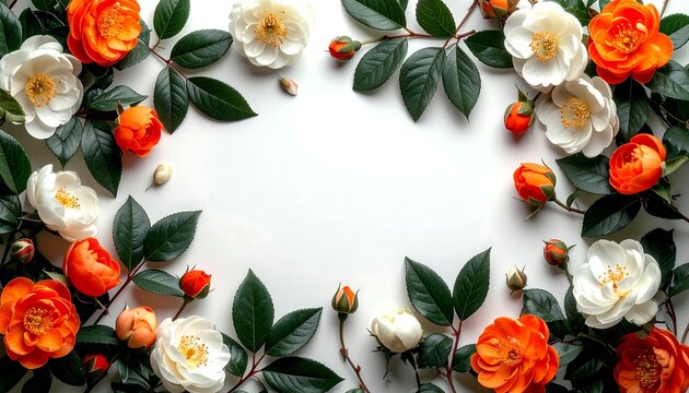 Elegant Floral Frame with Orange and White Roses and Green Leaves on a White Background