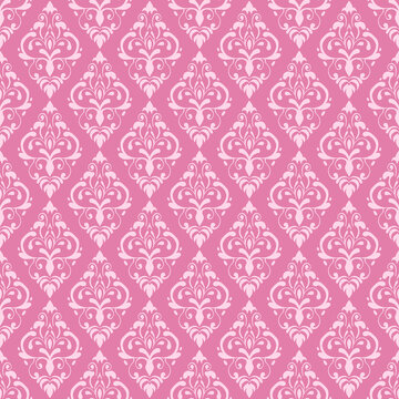 Pink damask seamless pattern, vintage floral wallpaper background with ornate motifs.