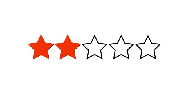 Star rating animation, product performance positive impression. 2 star rating animation. White Color Background