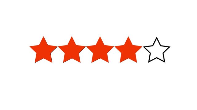 Star rating animation, product performance positive impression. 4 star rating animation. White Color Background