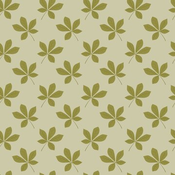 Seamless pattern of stylized green palmate leaves with five pointed leaflets, arranged on a light beige background