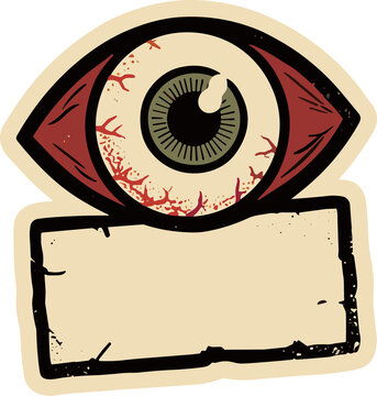 Red Eye Sticker: A vintage-style sticker depicts a bloodshot, irritated eye above a blank space for text, conveying a sense of fatigue or distress.