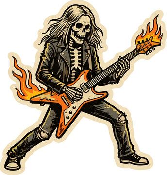 Rock and Roll Skeleton Guitarist: A skeletal rockstar with long flowing hair and leather jacket shreds a flaming guitar, embodying the raw energy and rebellion of rock music.