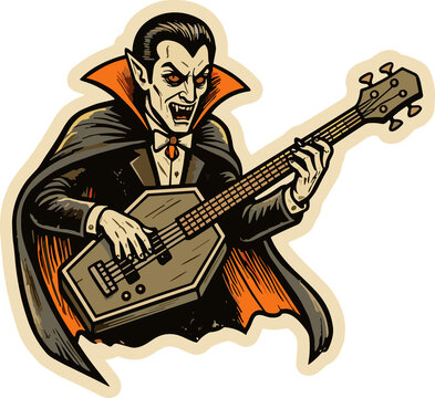 Vampire Rocker: A charismatic vampire, dressed in a classic cape and tuxedo, passionately plays a coffin-shaped guitar, embodying a blend of Gothic allure and musical rebellion.