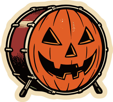 Halloween Drum Decoration: A festive drum adorned with a jack-o'-lantern face, perfect for Halloween celebrations and adding a touch of spooky fun to any setting.