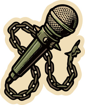 Rebellious Rhythm: A vintage microphone entwined with a heavy metal chain, symbolizing freedom of expression and the raw power of music.