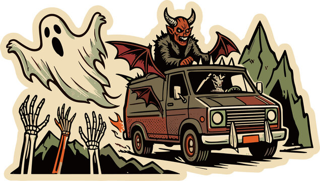 Halloween Truck Haul: A spooky scene unfolds as a vintage van carrying a devilish figure drives through a dark, ominous landscape, accompanied by a ghostly apparition and rising skeletons.