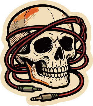Skull with Audio Cables: An artistic depiction of a skull intertwined with red audio cables, symbolizing the potent connection between music and mortality, a striking visual for any music enthusiast.