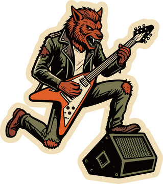 Werewolf Rock Star: A ferocious werewolf with a punk rock aesthetic shreds on an electric guitar, embodying the wild spirit of rock music and rebellion.