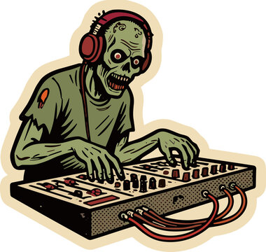 Zombie DJ Spinning Tunes: A terrifying yet comical zombie, adorned with headphones, energetically works a DJ console, spinning records for a spooky Halloween party.