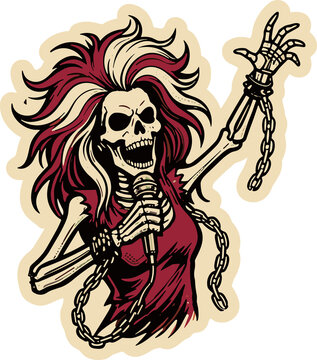 Skeleton Singer: A skeletal figure with wild, punk-rock hair and a chain around its arm belts out a tune into a microphone, embodying the spirit of a rock star.