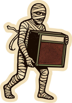 Mummy carrying a vintage amplifier