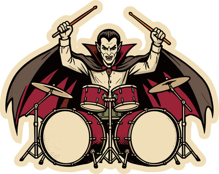 Vampire Drummer Playing Music: A cartoon illustration of a vampire with fangs and a cape is playing a drum set with drumsticks in his hands, looking intense.