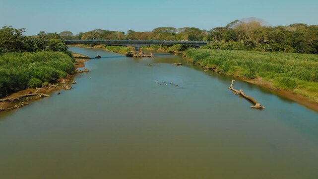 Bridge crosses over Tarcoles River in tropical lush Costa Rica