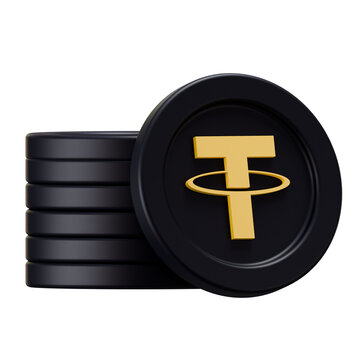 3D Stack of Black Tether USDT Cryptocurrency Coins Isolated
