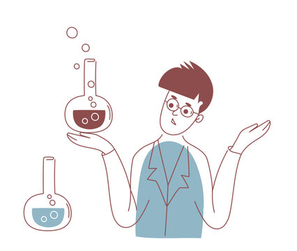 Scientist man holding chemistry flask with bubbling liquid in one line drawing style. Chemist with glasses pointing up explaining experiment. Science education and laboratory research concept 