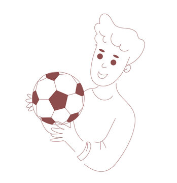 Boy holding soccer ball in hands. Smiling child with football. Sport and active lifestyle for kids. Hand drawn line art illustration. Children sport club and physical education concept.