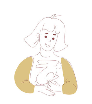 Smiling girl holding white rabbit in her arms. Cute child with pet bunny in minimal line art style with beige accents. Childhood, care and friendship with animals concept for pet care and children ill