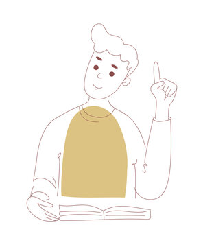 Young man reading book and raising finger up with bright idea. Line art illustration of student having insight while studying. Education, learning and inspiration concept for website and banner design
