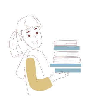 Happy girl carrying a stack of books. Smiling kid student holding pile of textbooks. Childhood reading and education concept. Flat cartoon illustration for school, library and study design.