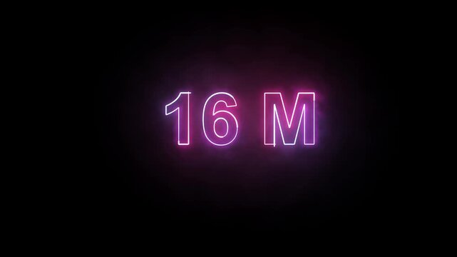 Vibrant neon lights form the number 16M against a stark black background, symbolizing a significant milestone or achievement.