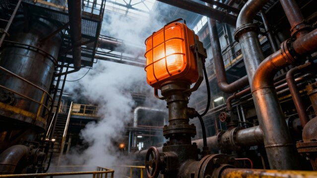 Industrial factory interior with glowing orange light and steam rising among pipes and machinery