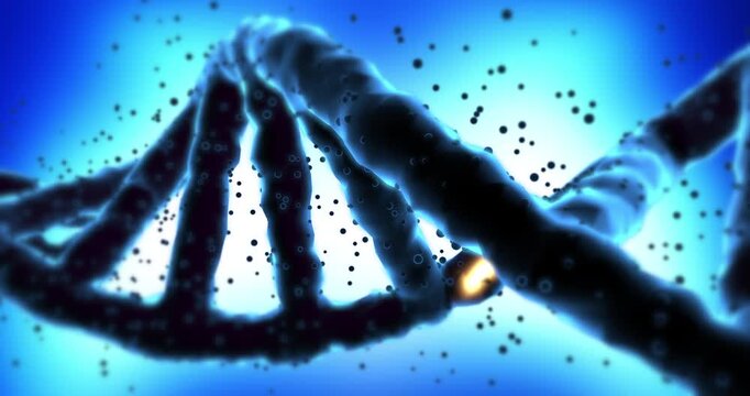 Close up of rotating dna strand with highlighted orange genetic mutation code. Science and Medical Concept.