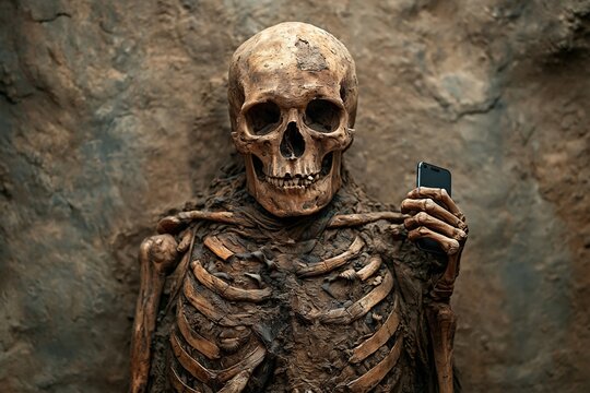 Fossilized skeleton holding a black smartphone