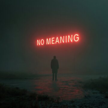 Man in fog facing "No Meaning" neon sign